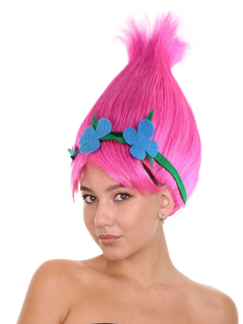 Trolls Bright Pink Troll Wig with Blue Flower Headband